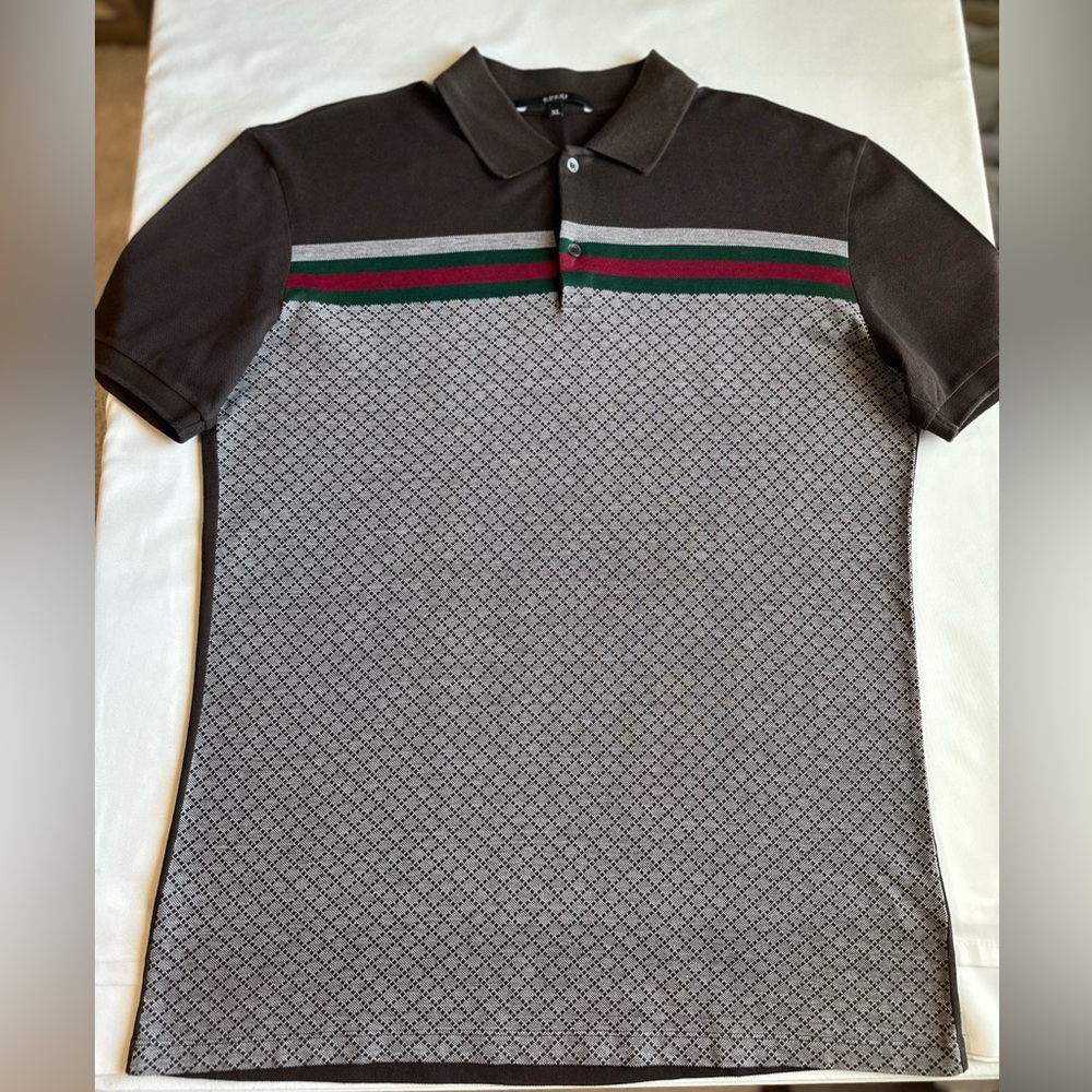 Gucci Brown Patterned Cotton Knit Polo T-Shirt